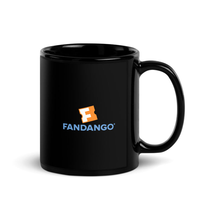 Front view of the Fandango black mug showing the centered white typography design