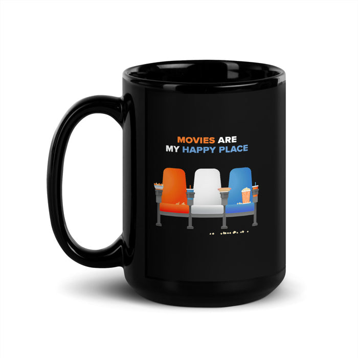 Close-up detail shot of the Movies Are My Happy Place graphic printed on the black mug