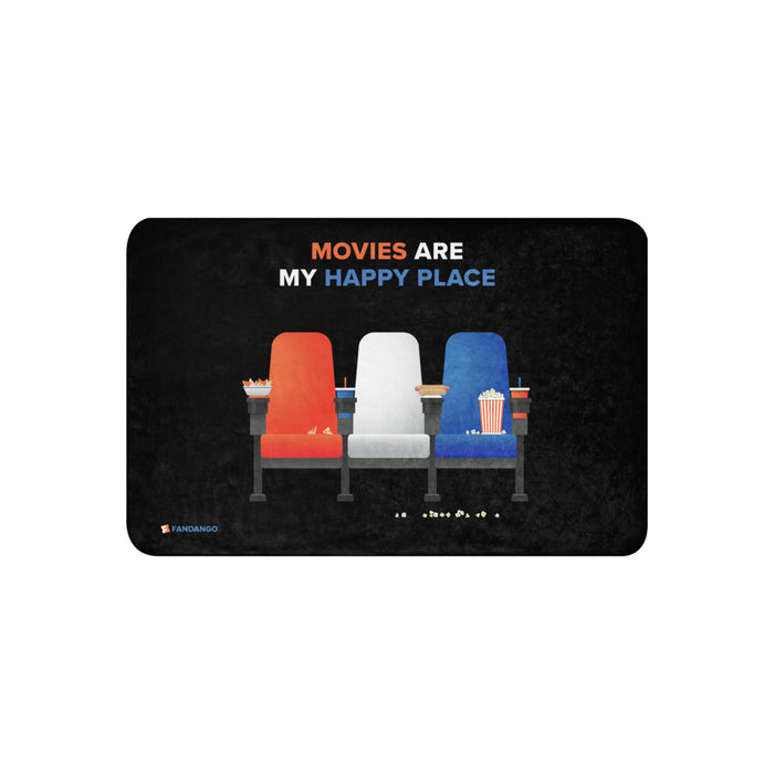 Fandango Sherpa blanket laid flat showcasing the Movies Are My Happy Place graphic