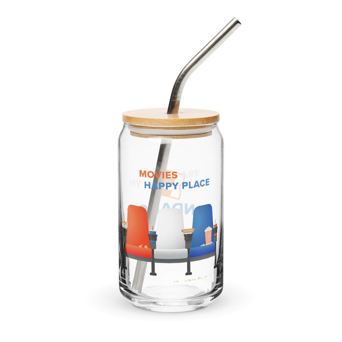 Fandango can-shaped glass with Movies Are My Happy Place text graphic, shown upright with lid and straw