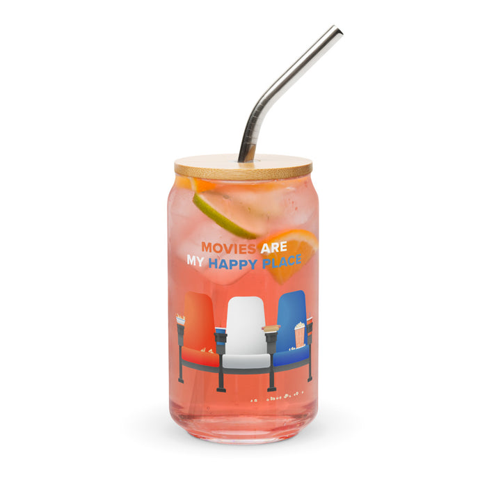 Front angle view of the 16 oz can-shaped drinking glass complete with bamboo lid and glass straw