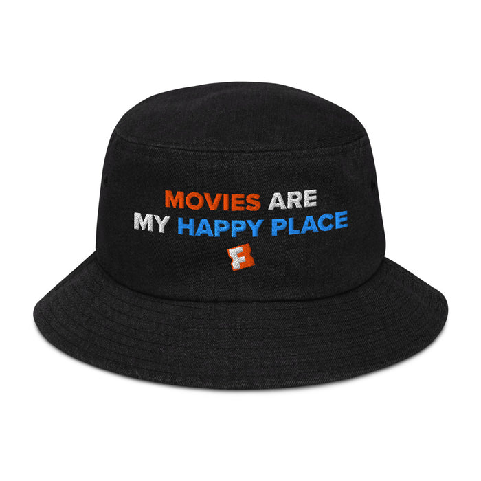 Black denim bucket hat with embroidered white text reading Movies Are My Happy Place centered on the front