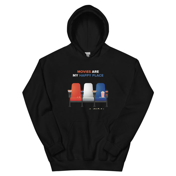 Black Fandango pullover hoodie featuring the Movies Are My Happy Place graphic centered on the front chest