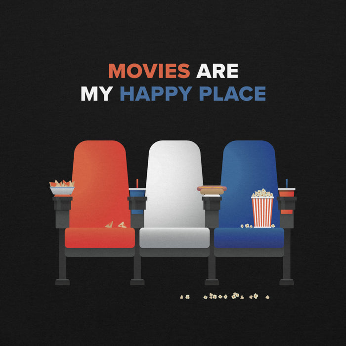 Close-up of the Movies Are My Happy Place typography and graphic print on the black hoodie