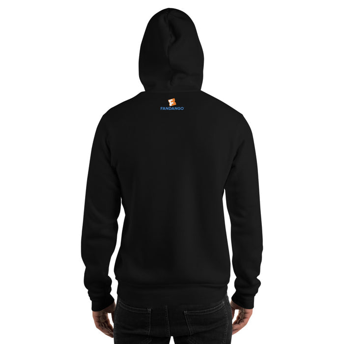 Close-up of the front kangaroo pocket and bottom ribbed hem on the black hoodie