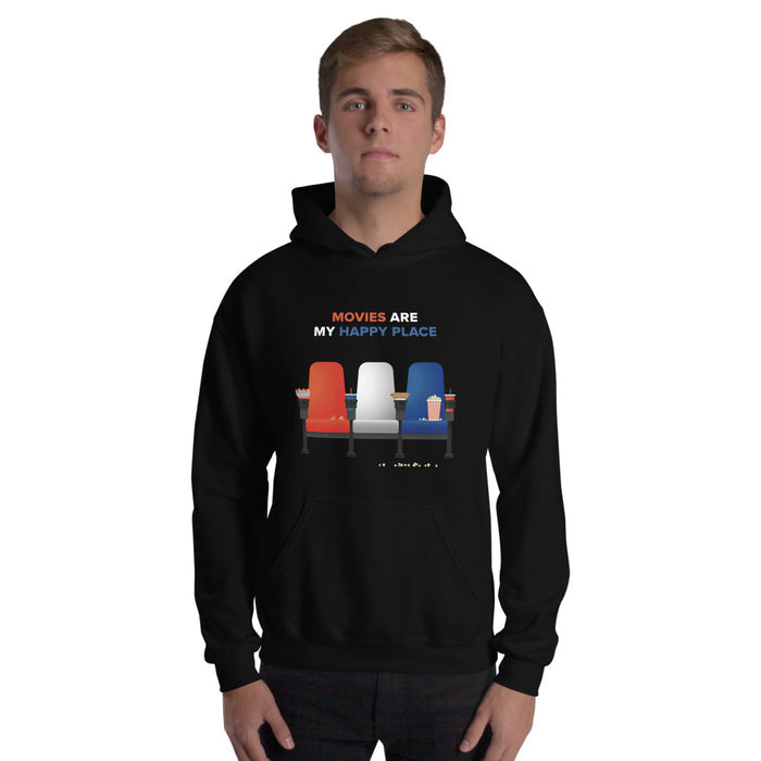 Folded stack of the Fandango Movies Are My Happy Place hoodies in black