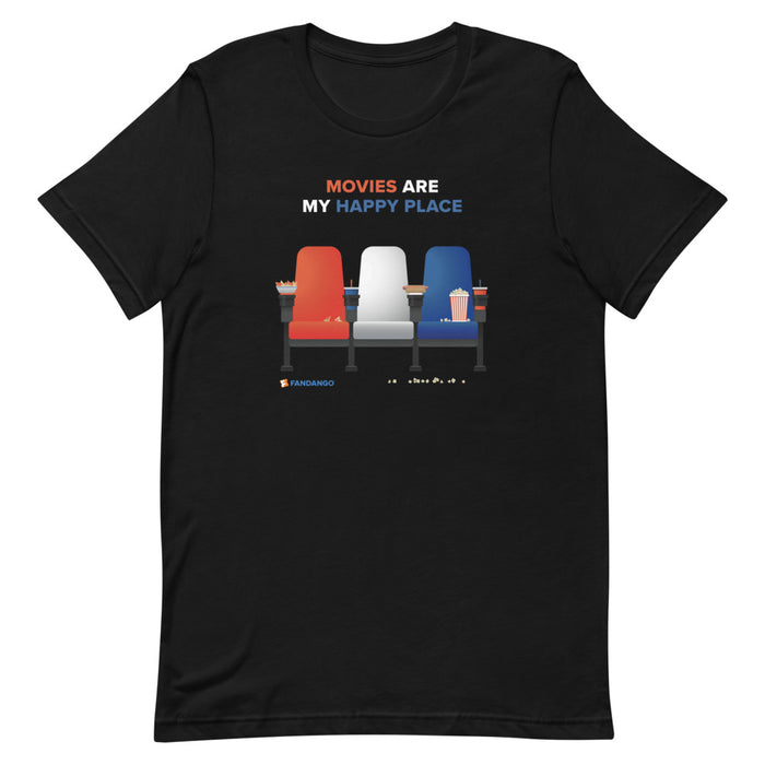 Black crew-neck t-shirt featuring Movies Are My Happy Place text graphic centered on the chest