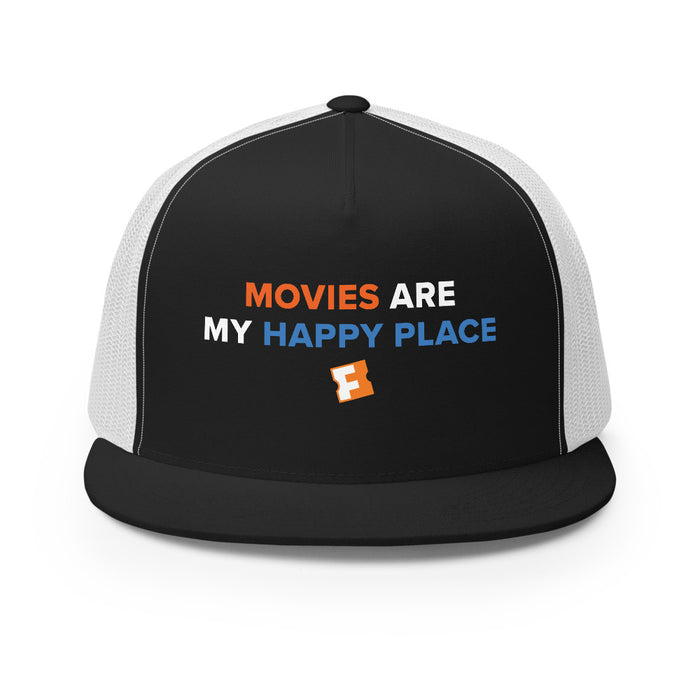 Black and white trucker hat featuring the Fandango Movies Are My Happy Place text graphic centered on the foam front panel