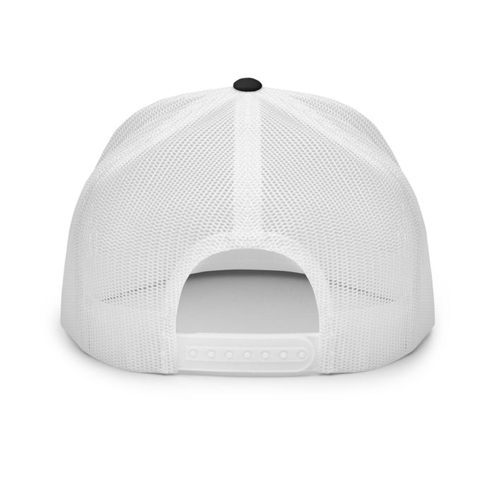 Close-up detail of the structured front crown and embroidered graphic on the Fandango trucker cap