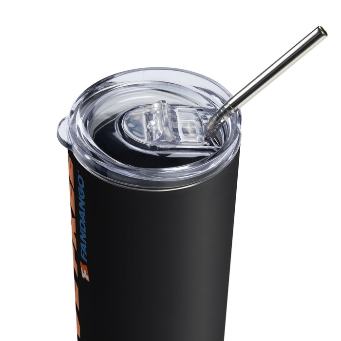 Side view of Fandango We Love Free tumbler with spill-resistant lid