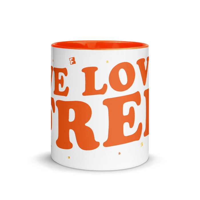 Fandango Two-Tone Mug Whimsical We Love Free side angle showing slogan