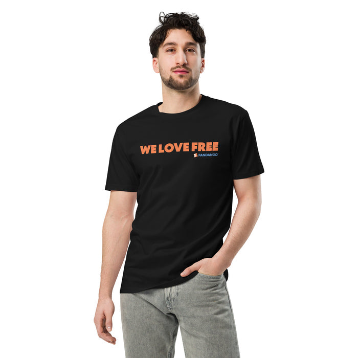 Fandango Simple We Love Free Unisex T-Shirt close-up of graphic design on black