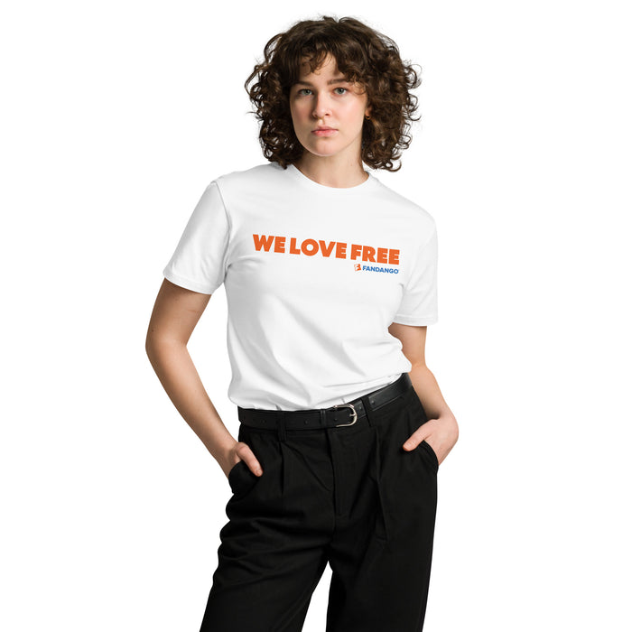 Fandango Simple We Love Free Unisex T-Shirt model wearing white variant