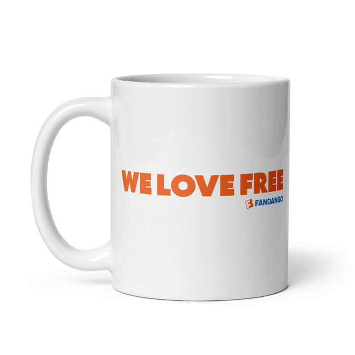 Fandango We Love Free White Mug viewed from the front showing the graphic design