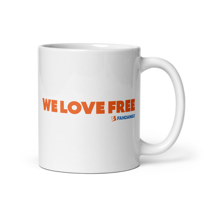 Fandango We Love Free White Mug angled view showing handle and ceramic finish