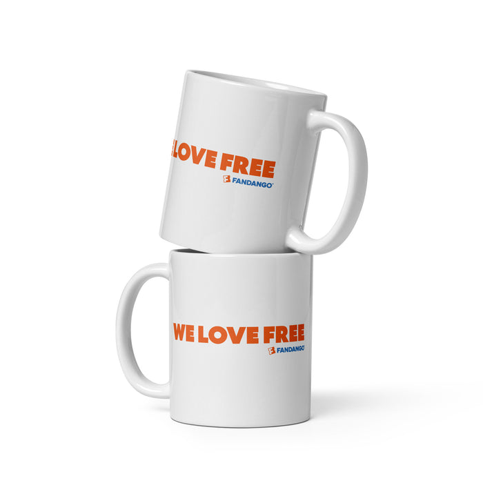 Fandango We Love Free White Mug lifestyle setting on an office desk