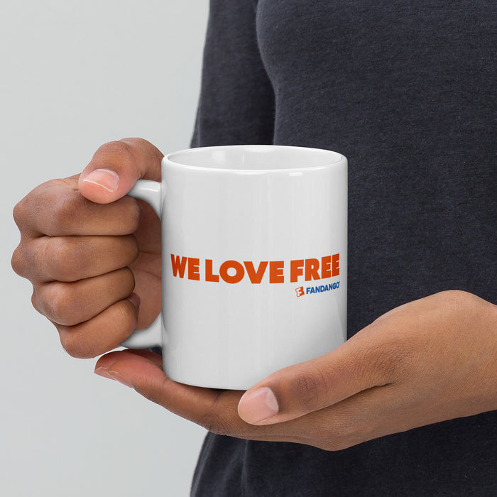 Fandango We Love Free White Mug close up of the graphic print detail