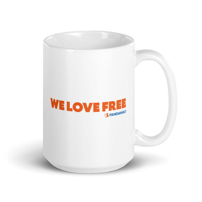 Fandango We Love Free White Mug shown in a kitchen environment