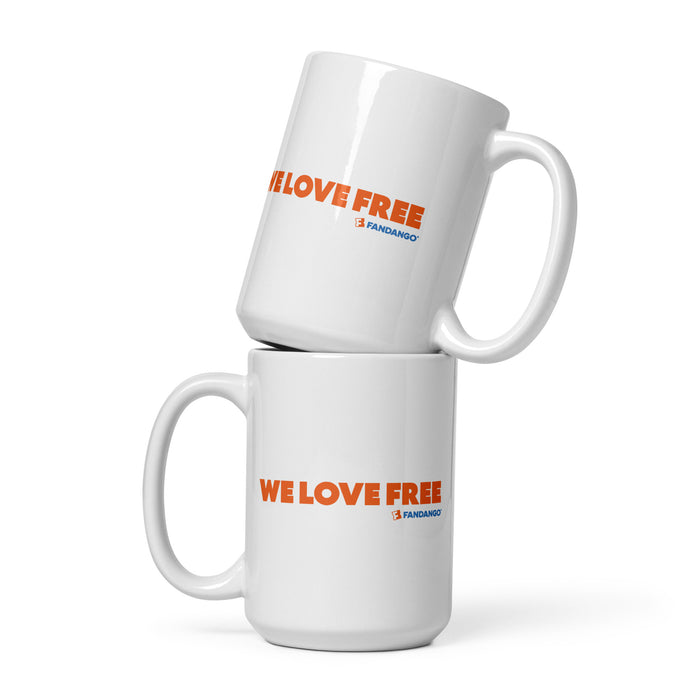 Fandango We Love Free White Mug side profile displaying clean white ceramic