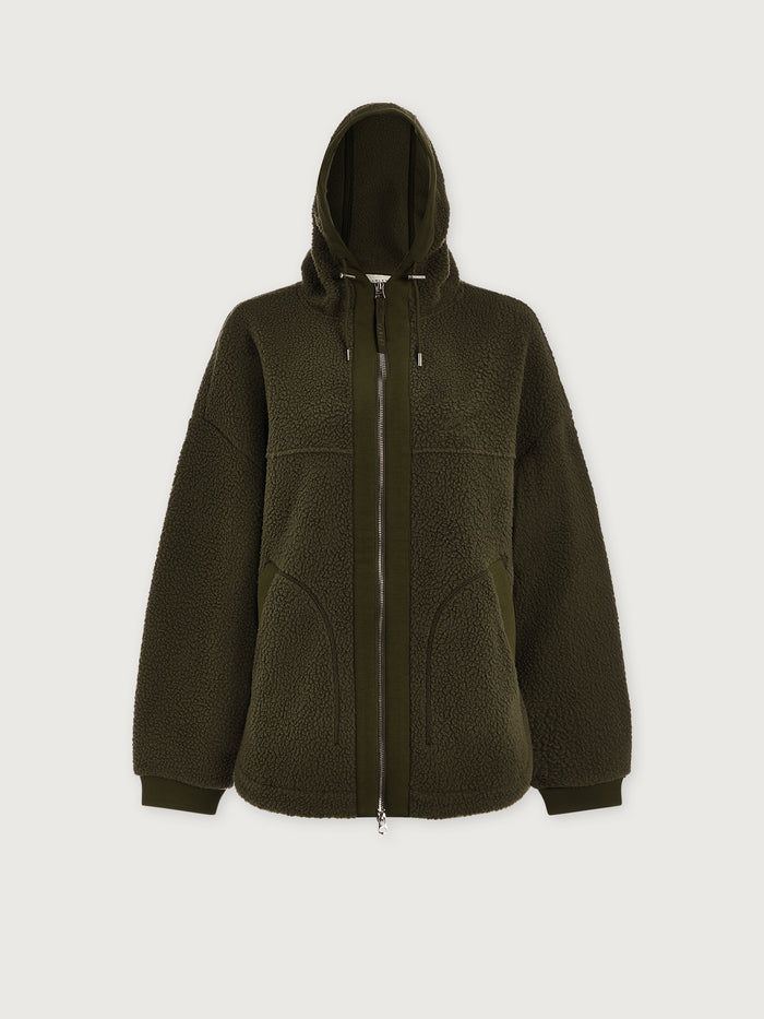 Racing Olive|Front view of FEY RELAXED FLEECE RACING OLIVE, a relaxed-fit fleece top in olive with soft, plush fabric.