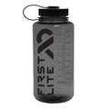 Smoky grey transparent water bottle with a black screw-on lid, a black loop, a "FIRST LITE" logo, and volume measurement markings.