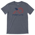 Slate grey t-shirt with a distressed red and blue logo featuring American flag stars and stripes, and 'FIRST LITE' text on the front.