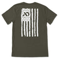 Olive green t-shirt with a distressed white American flag graphic on the back, featuring the First Lite logo and text.