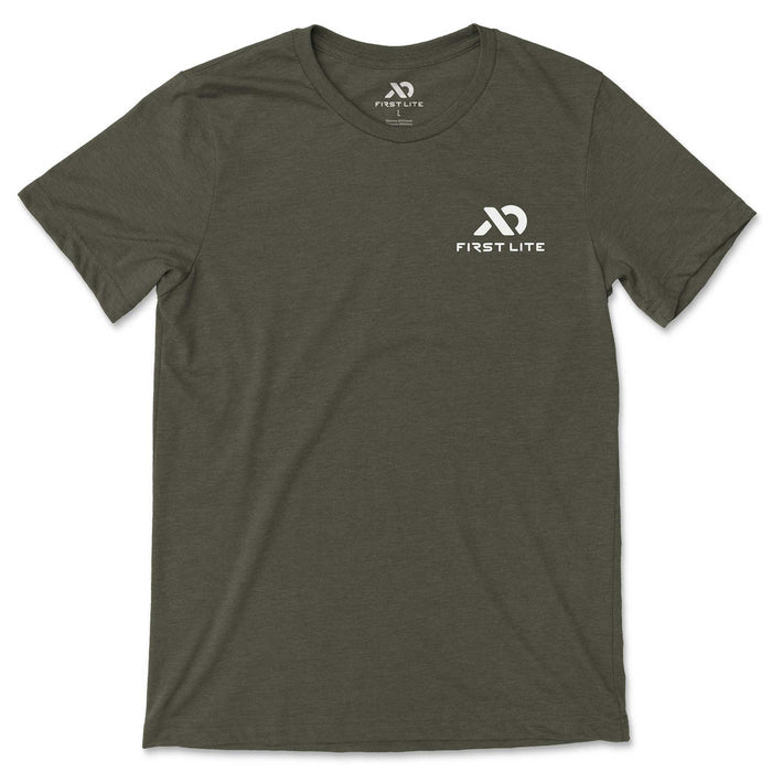 Dark olive green t-shirt with a white First Lite logo on the left chest.