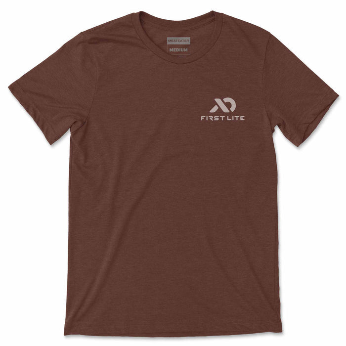 Heather brown t-shirt with a grey "MEATEATER MEDIUM" tag and a grey "FIRST LITE" logo on the left chest.