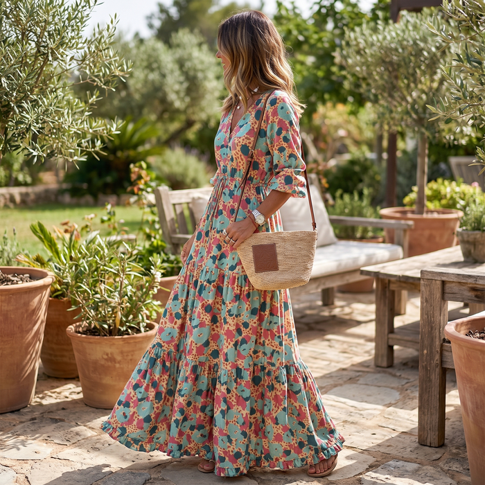 Floral Print V Neck Bohemian Long Dress