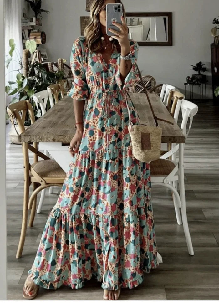 Floral Print V Neck Bohemian Long Dress