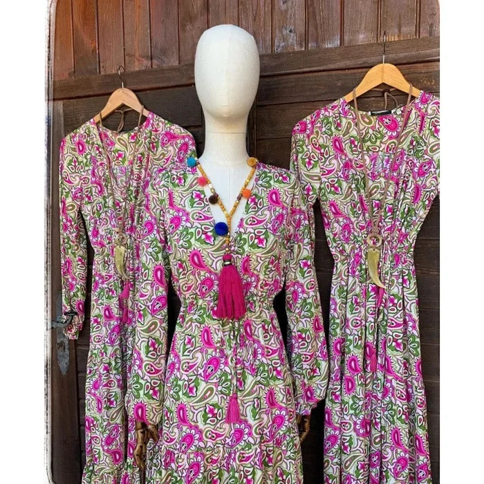 Floral Print V Neck Bohemian Long Dress