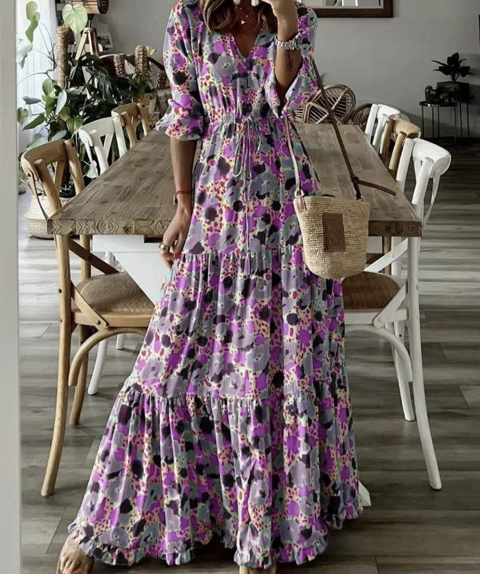 Floral Print V Neck Bohemian Long Dress
