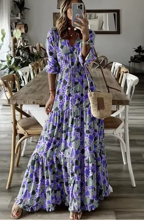 Floral Print V Neck Bohemian Long Dress