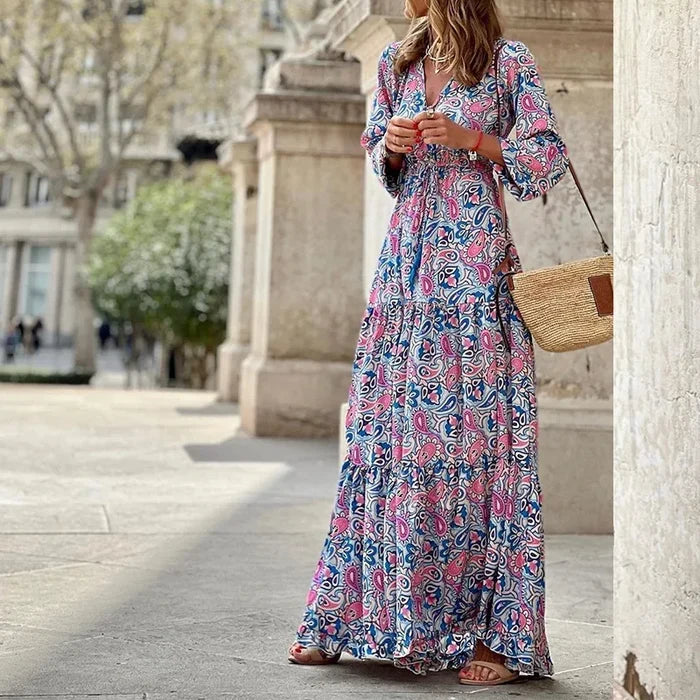 Floral Print V Neck Bohemian Long Dress