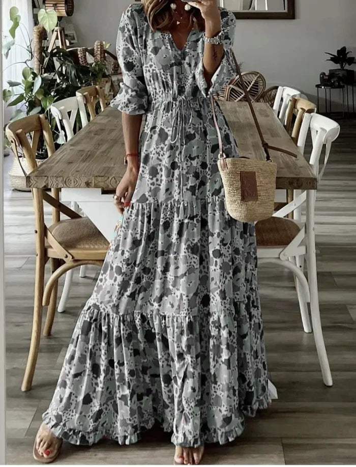 Floral Print V Neck Bohemian Long Dress