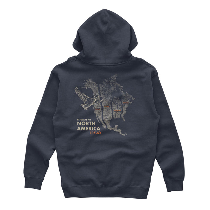 Navy hoodie with a beige map of North and Central America and a duck, and text "FLYWAYS OF NORTH AMERICA" and "FIRST LITE" below.