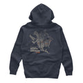 Navy hoodie with a beige map of North and Central America and a duck, and text "FLYWAYS OF NORTH AMERICA" and "FIRST LITE" below.