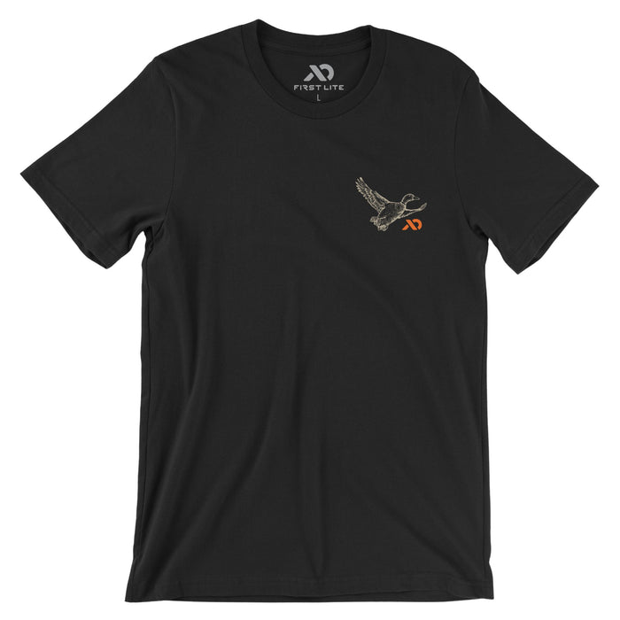 Black T-Shirt with an orange abstract logo on the left chest and a duck