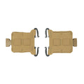 A pair of tan tactical gear adapters, each with a side-release buckle on one end and two black J-hooks on the other.