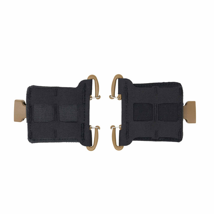 Two black modular strap segments, each with two tan G-hooks, a tan quick-release buckle, and PALS webbing.