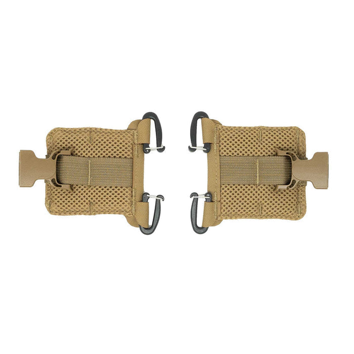 Coyote tan padded modular straps with mesh backing, each featuring a plastic buckle and two black gatekeeper J-hooks.