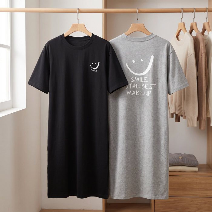 Women Summer Short Sleeve T-shirt Dress Loose Mid Length Over Knee Dress