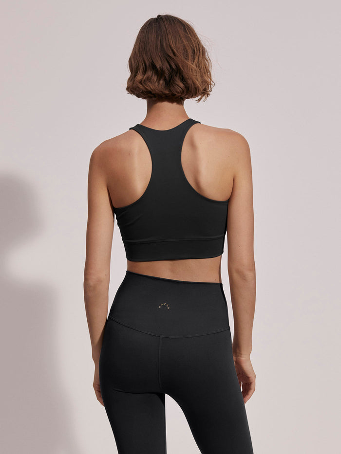 |Bea Bra Black front-facing product image of Varley Bea Bra, a supportive athletic bra.