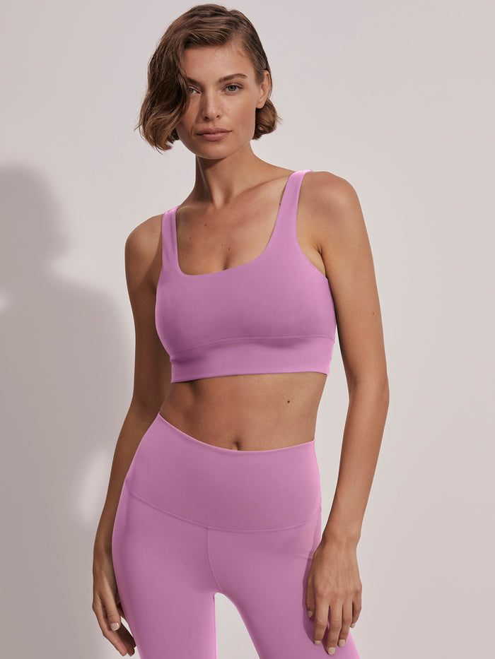 |Front view of the Varley Freesoft Cori Bra in Smoky Grape, featuring soft Freesoft fabric and a racerback design.