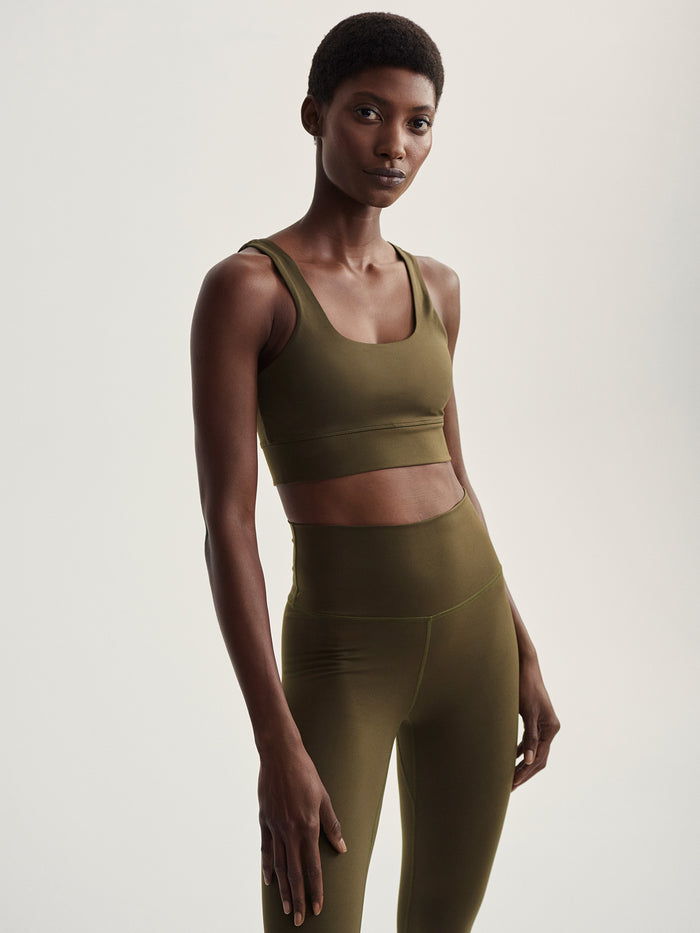 Dark Olive|Varley Freesoft Cori Bra in Dark Olive, front view highlighting the Freesoft fabric and slim straps.