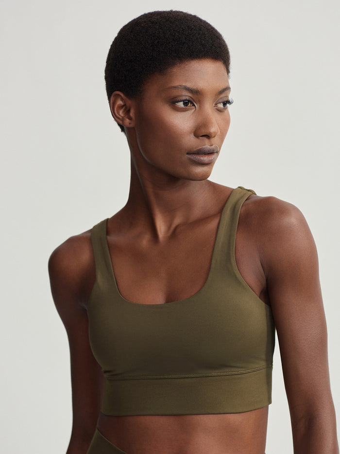 Dark Olive|Varley Cori Bra in Dark Olive Freesoft fabric, front view of a seamless sports bra.