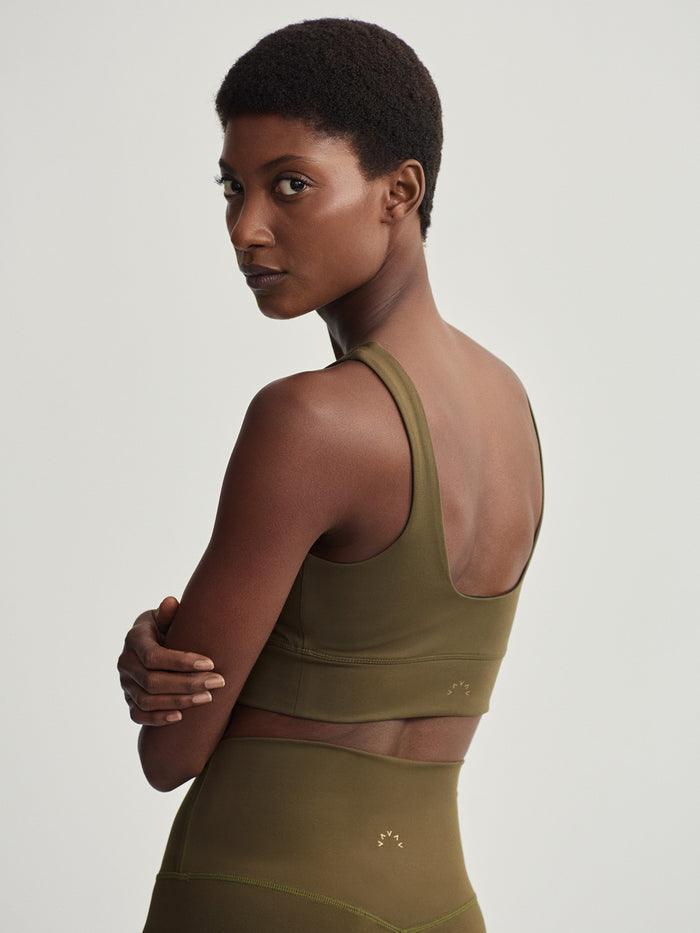 Dark Olive|FREESOFT CORI BRA in Dark Olive, front view of a seamless sports bra in soft Freesoft fabric with wide straps.