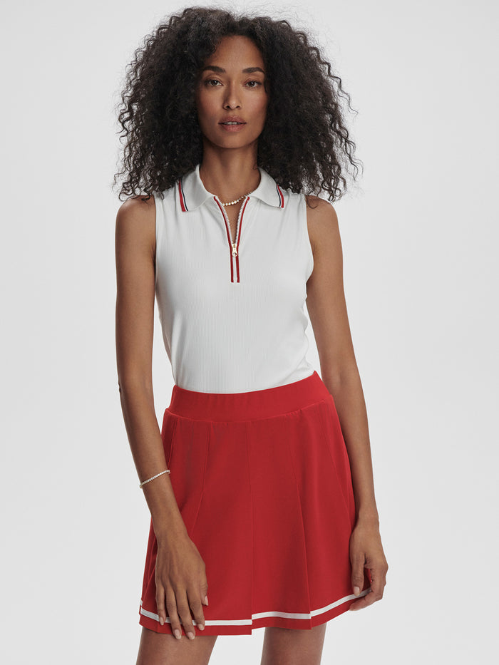 White/ Haute Red|Front Fritton Performance Tank in White with Haute Red, made from Soft Rib Jersey; tennis-inspired silhouette, court-to-club essential with skorts.