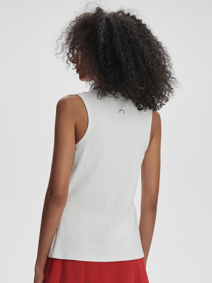 White/ Haute Red|Front-facing Fritton Performance Tank in White with Haute Red accents, a sleeveless athletic top crafted from performance fabric.